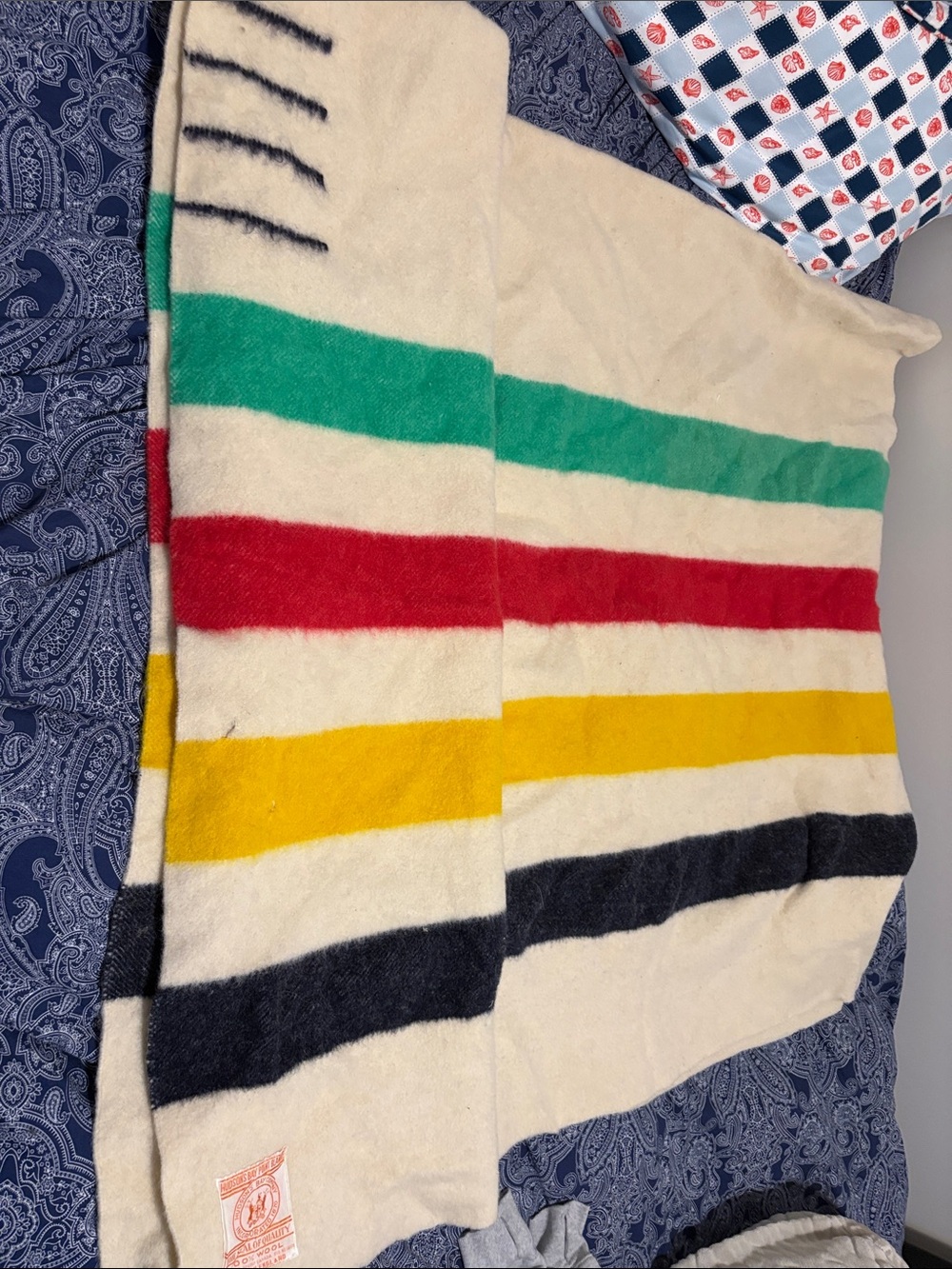 Cream Striped Throw Blanket with Multicolor Bands